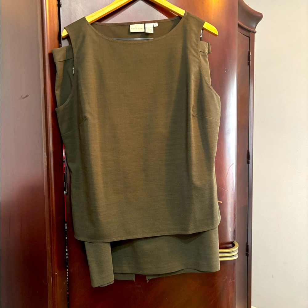 Olive 3 Piece Suit includesSleeveless Top Skirt and Jacket Size 16 Dry Clean